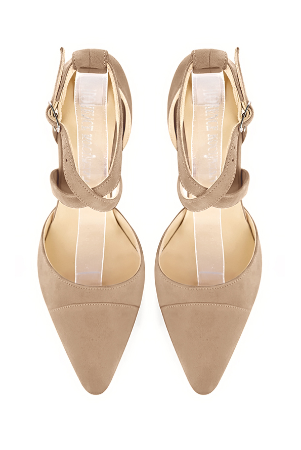 Tan beige women's open side shoes, with crossed straps. Tapered toe. Medium spool heels. Top view - Florence KOOIJMAN